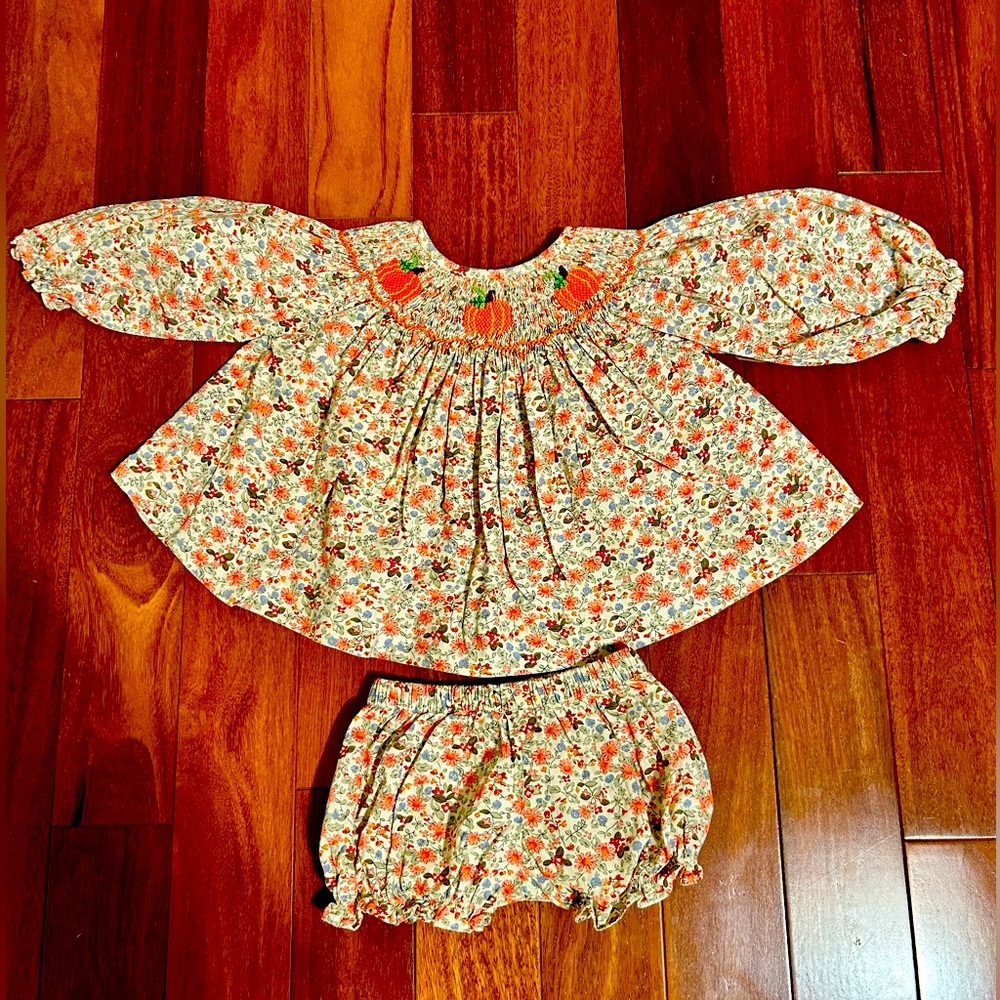 Cecil and Lou Pumpkin Smocked Liberty Print Diaper Set